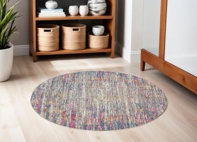 5' Pink And Ivory Round Abstract Power Loom Area Rug
