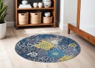 5' Blue Round Floral Power Loom Area Rug