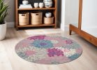 5' Gray Round Floral Dhurrie Area Rug