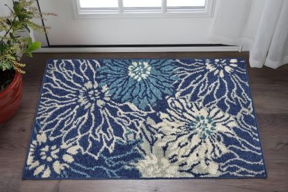 2' X 3' Blue And Ivory Floral Power Loom Area Rug