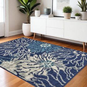 4' X 6' Blue And Ivory Floral Power Loom Area Rug