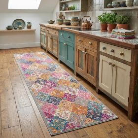 8' Pink And Gray Geometric Dhurrie Runner Rug