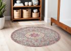 5' Gray and Pink Round Medallion Power Loom Area Rug