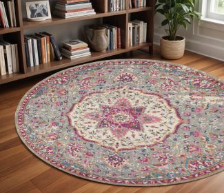 8' Pink And Gray Round Power Loom Area Rug