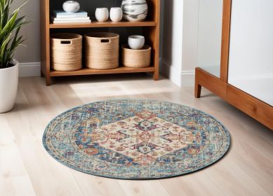 5' Blue And Ivory Round Power Loom Area Rug