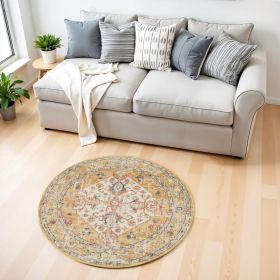 4' Yellow And Ivory Round Dhurrie Area Rug