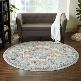 8' Blue And Ivory Round Dhurrie Area Rug