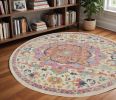 8' Pink And Ivory Round Southwestern Dhurrie Area Rug