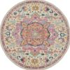 8' Pink And Ivory Round Southwestern Dhurrie Area Rug