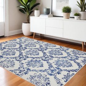 4' X 6' Blue And Ivory Floral Dhurrie Area Rug