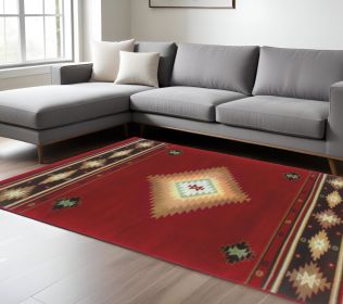 7' X 10' Red And Beige Ikat Pattern Area Rug