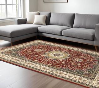 6' X 9' Red Ivory Machine Woven Oriental Indoor Area Rug