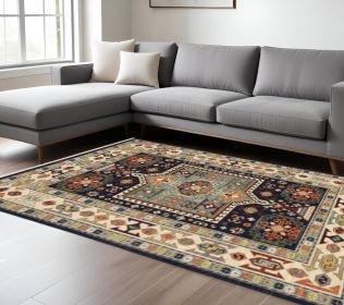 6' X 9' Blue Ivory Machine Woven Medallion Indoor Area Rug