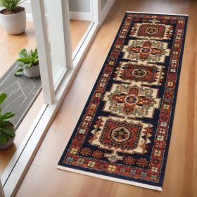 6' Blue Red Machine Woven Medallions Indoor Runner Rug