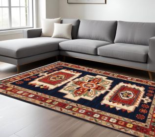 9' X 12' Blue Red Machine Woven Medallions Indoor Area Rug