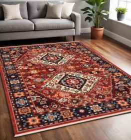 5' X 8' Red Blue Machine Woven Oriental Indoor Area Rug
