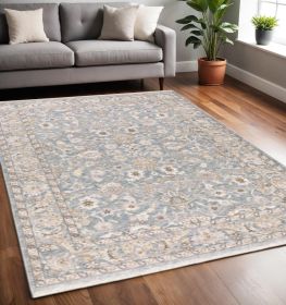 5' X 8' Blue Ivory Machine Woven Floral Oriental Indoor Area Rug