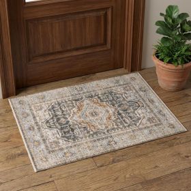 2' X 3' Grey Blue Machine Woven Medallion Indoor Area Rug