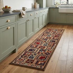 2' X 8' Brown And Red Ikat Patchwork Runner Rug