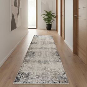 2' X 20' Navy And Beige Distressed Vines Runner Rug