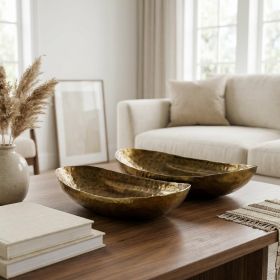 Set Of Two Gold Boat Shaped Hammered Bowls