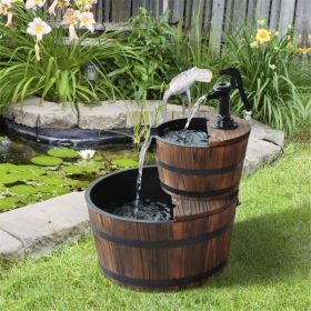 Wood 2-Tier Freestanding Water Fountain – Barrel Waterfall with Electric Pump for Outdoor Decor