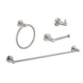 Brushed Nickel Bathroom Hardware Set 4 Pieces; Towel Bar Set Stainless Steel Wall Mounted;  Includes 16In Hand Towel Bar;  Towel Ring;  Robe Towe