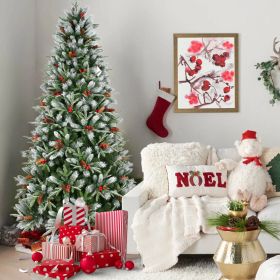 6FT Christmas Tree with 1593 Tips, Red Berries & Pine Cones – Snow-Dusted PE+PVC Branches, Hinged Design for Easy Setup, Sturdy Metal Stand – Ful (Option: 69397389)