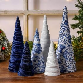 Set Of 6 Christmas Chinoiserie Velvet Cone Trees, Decorative Tabletop Christmas Trees For Home, Mantel, Shelf, And Holiday Decor (Option: Navy Blue)