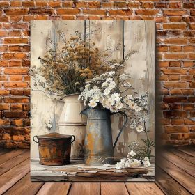 1 Piece Framed Wooden Canvas Painting, Rustic Wood Frame Canvas Art - Cream Yellow Wood Grain With White Jasmine Flowers With Rust Colored Wateri (Option: 32X16inch)