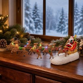 Christmas Santa Sleigh With 8 Reindeer Figurines, Festive Winter Holiday Tabletop Decor (Option: RED BROWN)