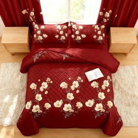 9-Piece Burgundy Red Floral Bedding & Curtain Combo Set, Elegant Wine Red Quilted Bedspread with 6 Light Filtering Window Panels & 2 Shams, Easy (Option: Burgundy Red with Elegant White Floral B-QUEEN)