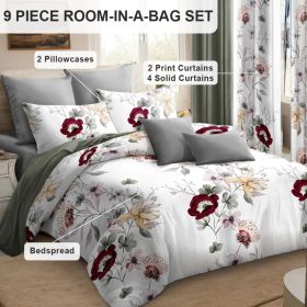 9-Piece Sage Green Watercolor Floral Bedding & Curtain Set (Queen/King/Cal King) - Quilted Microfiber Bedspread + Sheer Curtains (Option: Green/White Flowers-QUEEN)