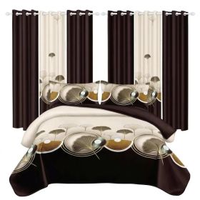 9 Piece Soft All-Season Washed Microfiber Cover Set , Queen/King/Calking Bedding Set With Pillowcases,Bedspread Print Curtains & Solid Curtains,P (Option: Brown leaves-QUEEN)