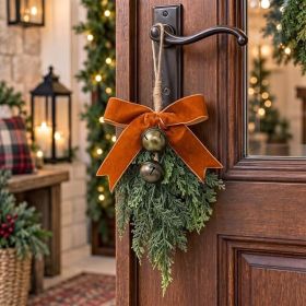 Set Of 3 Christmas Door Knob Hangers With Bells And Velvet Bows, 11.8-Inch Festive Door Swags For Holiday Home Decor (Option: Brown)