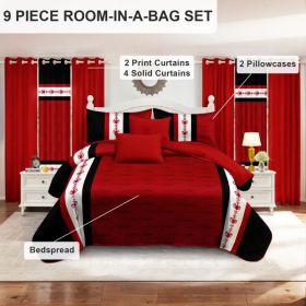 9 Piece Soft All-Season Washed Microfiber Cover Set , Queen/King/Calking Bedding Set With Pillowcases,Bedspread Print Curtains & Solid Curtains,P (Option: red and white Boho-CAL KING)