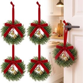 Set Of 4 Small Christmas Wreath Door Knob Hangers With Decorative Bows And Bells, 4.7-Inch Festive Mini Wreaths For Holiday Home Decor (Option: Green Red Gold)