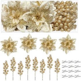 Artificial Christmas Poinsettia Flowers And Berries 24 Units, Faux Floral Picks For Tree, Wreaths, Garlands And Holiday Decor (Option: Golden)