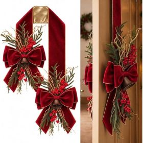 Large Vintage Christmas Door Bow With Decorative Bell, 51.2-Inch Festive Hanging Ornament For Front Door, Wreath, Entryway, And Holiday Home Deco (Option: Red)