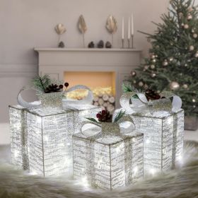 Set Of 3 Silver  Christmas  Lighted Boxes (Option: Sliver Burlap)
