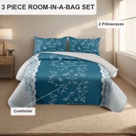 3-Piece Teal Lace Floral Bedding Set (Queen/King/Cal King) - Quilted Microfiber Quilt + Pillow Shams (Option: blue flower-QUEEN)