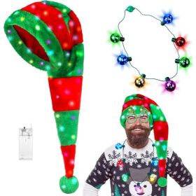 Adult LED Santa Hat And Christmas Bell Necklace Set (Option: GREEN RED)
