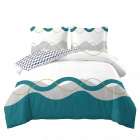 3 Piece Reversible Duvet Cover Set, Heavyweight High-GSM Microfiber Bedding With Zipper & 4 Corner Ties, US Designer Modern Teal Wave & Chevron G (Option: Modern Teal Wave & Chevron Geometric-California King)