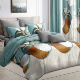 9-Piece Modern Floral Vase Bedding & Curtain Set (Queen/King/Cal King) - Quilted Microfiber Bedspread + Sheer Curtains (Option: Green Dot-CAL KING)