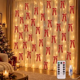 50 Pcs Christmas Window Bows With 300 LED Curtain String Lights, Festive Holiday Window Decorations (Option: Red)