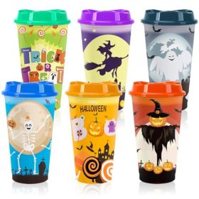 6pcs Halloween Color Changing Cups, 16Oz Reusable Plastic Coffee Cups With Lids For Party Decorations Halloween Cups For Party Favors Supplies (Option: 6pcs)