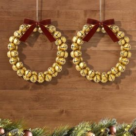 Set Of 2 Christmas Brass Bell Wreath Decorations, 12-Inch Holiday Wreaths With Red Bows And Beaded Accents For Doors, Walls, And Home Decor (Option: Gold)