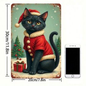 CIFbuy 1pc Christmas Black Cat Vintage Tin Sign, Vintage Tin Sign, With Festive Kitty In Santa Hat & Sweater, & Sweater, Snowflakes (Option: A)