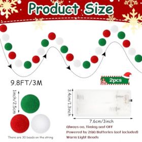 2 Pack 19.7 Ft Lighted Christmas Pom Pom Garland, Glowing Xmas Felt Garlands 30 Balls Red Green White Xmas Tree Garland Decor For Christmas Tree (Option: 2 pack)