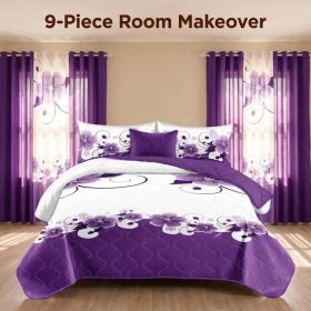 Purple White Gardenia 9 Piece Bedding Set, Washed Microfiber Bedspread with Matching Curtains and Pillowcases, Queen King Cal King, Soft Cooling (Option: Purple White Gardenia-CAL KING)